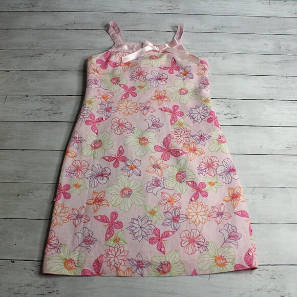 Talbots Kids Girl's Floral Linen Dress Size 10 Pink Sequin Beaded Butterflies - Picture 2 of 7